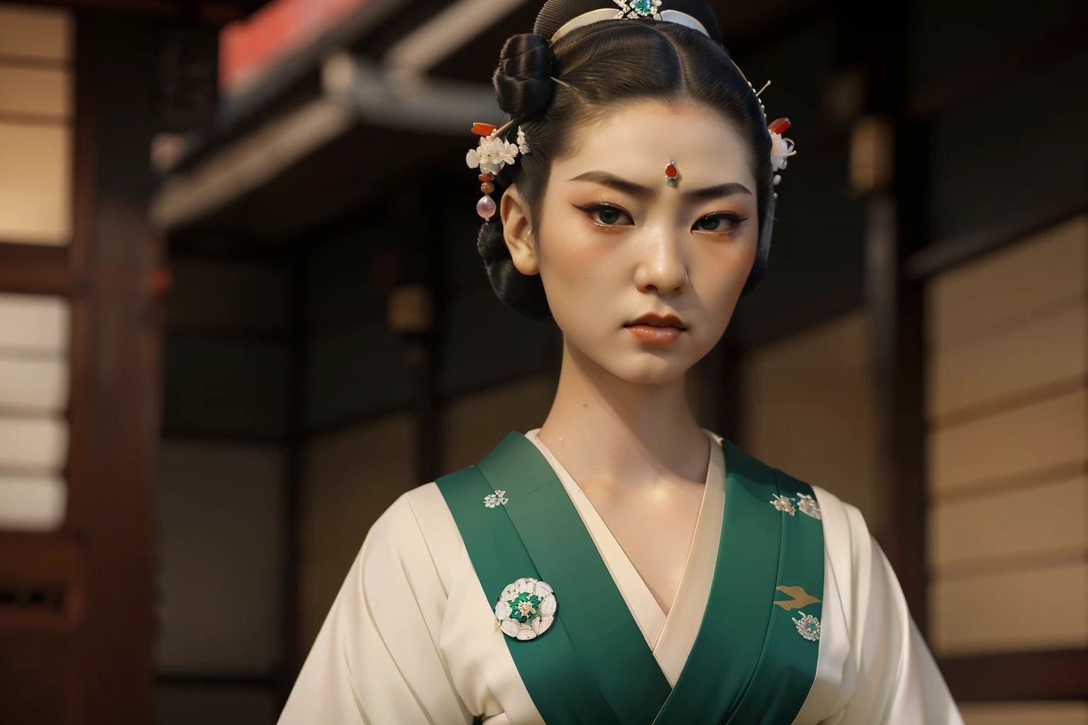 Kioto, 1939. A young ((((19-year-old)) Sayuri)), strikingly beautiful, delicate facial features, porcelain skin, expressive eyes, ((holding an emerald gemstone)), ((stunned and angry expression)), ((((geisha clothings from the 1930s)))), ((geisha hairstyle of the 1930s)), colorful
