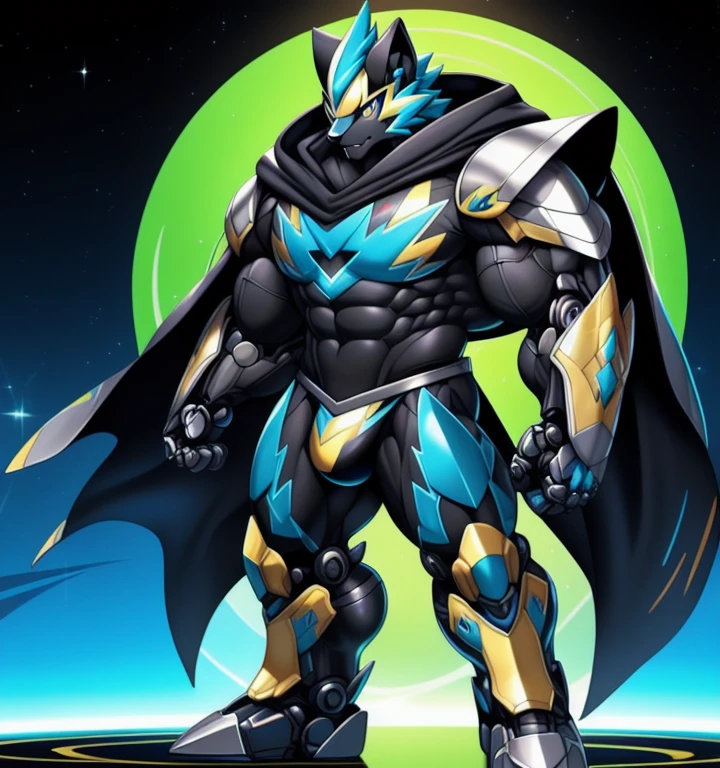 (masterpiece, best quality, detailed:1.2)
(Pokémon)
Powered exoskeleton with the same design as Zeraora
big muscle,
pecs, triceps, traps, waist narrow,
unusually developed muscular body,
bulge in the crotch, wears a small black string thong that reveals huge, muscular thighs. (metallic color: jet black thong)
body full of huge muscles. bulge in the crotch, wears a small black string thong that reveals huge, muscular thighs. (metallic color: jet black thong)
also have a cloak on my back.
The cloak is black.
Wearing full plate armor
Its full plate armor emphasizes the muscles.
The cloak is so long that it touches the ground,
showing off muscles,
mechs,
Correct limbs,
detailed full body,
Very muscular,
Large pecs,
Heavyweight,
Bodybuilder figure,
Wearing cyberpunk mecha,
big bump,
sparkling skin,
Vibrant colors, 4K,
realism,
galactic cybernetics mask,
full body,
wearing a dark bodysuit underneath,
a knight's mechanical armor,
glowing wide and heavy armor,
he wears a bizarre fantasy surreal-style chest armor with scales,
absolutely stunning art,
4K, realism, Don't stray too far from Zeraora's design, Furry Heroes, Main is yellow COLOR,
He wears the same armor as himself from head to foot. sparkling skin,
Vibrant colors, 4K,