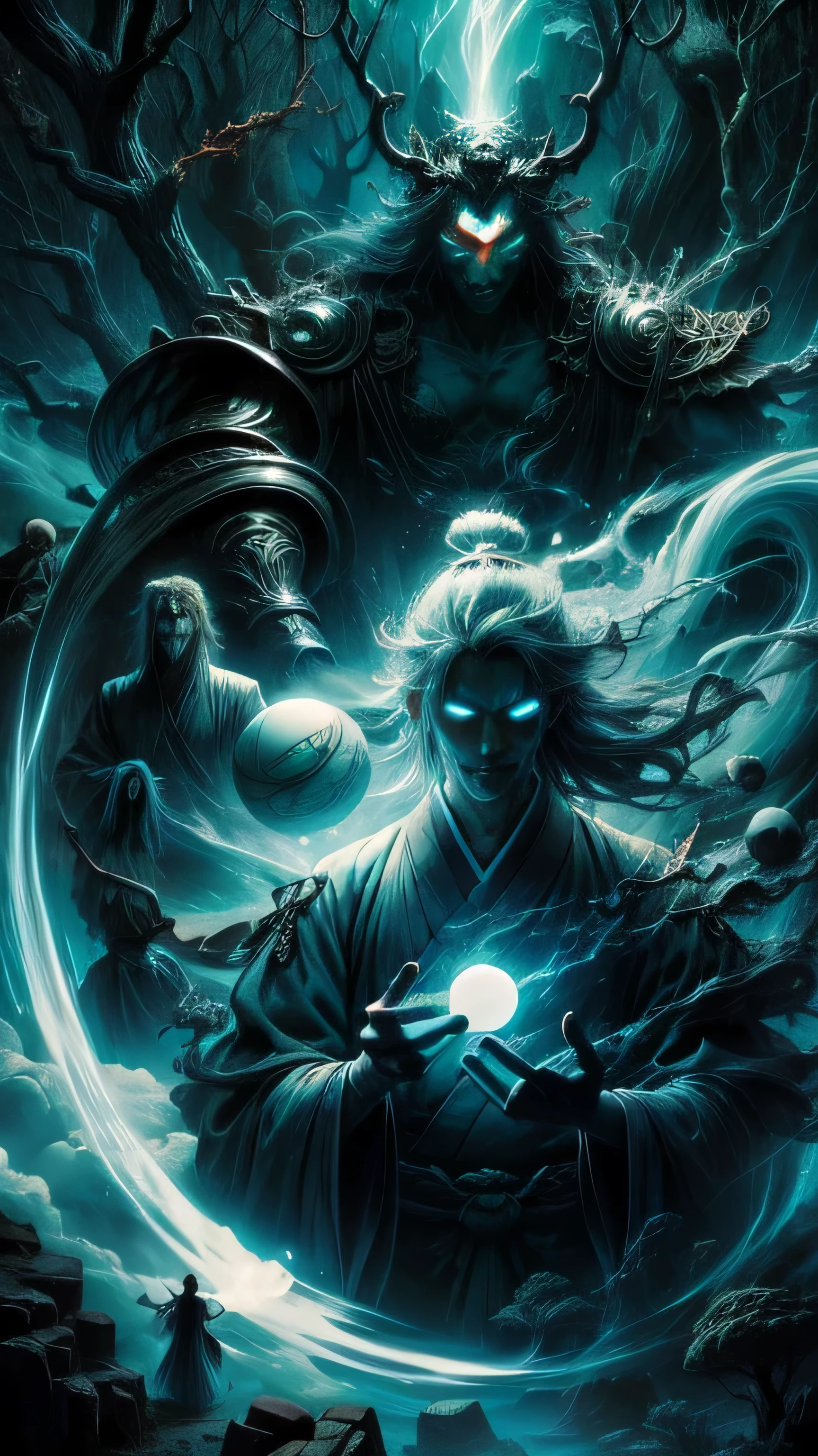 Okai summons the demonic power of darkness., with distorted yokai creatures emerging from the mysterious depths., In a forest shrouded in ancient fog, Knotted trees and glowing orbs floated eerily in the air., It creates a sense of foreboding and supernatural fear., Displayed in Japanese art style.,man, white hair, purple eyes,mystifying,