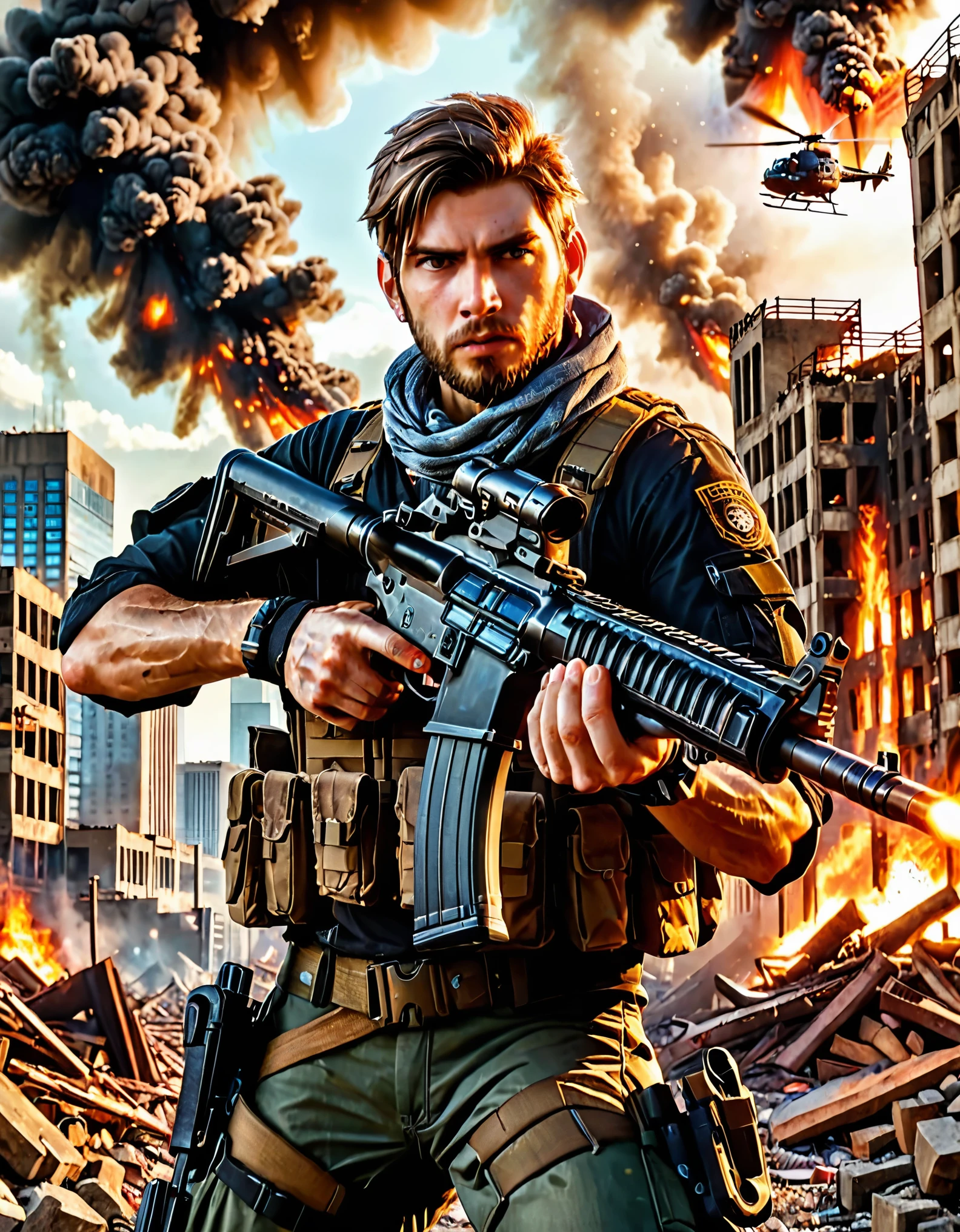 1boy, assault rifle, bandana, beard, brown hair, building, burning, city, cityscape, cloud, destruction, dusk, embers, explosion, facial hair, firing, gradient sky, gun, headband, helicopter, holding gun, holding weapon, holster, male focus, medium hair, military, muzzle flash, ruins, scope, shell casing, sky, skyscraper, solo. solo focus, trigger discipline, weapon