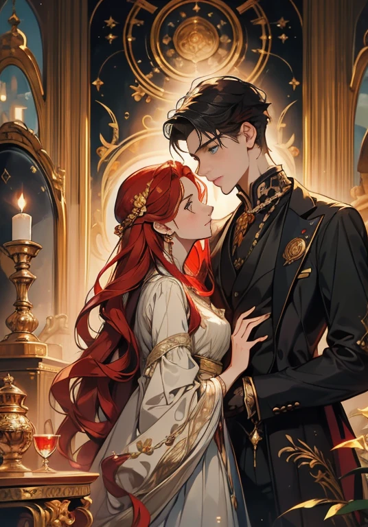 ((masterpieces)), best quality, exceptional illustration, a couple kissing, soft focus, 1 boy with short black hair, BLUE EYES, 1 girl with long wavy red hair, GOLDEN YELLOW EYES, Victorian clothing, Victorian romanticism, opulent and exquisite atmosphere, soft light and warm lighting.