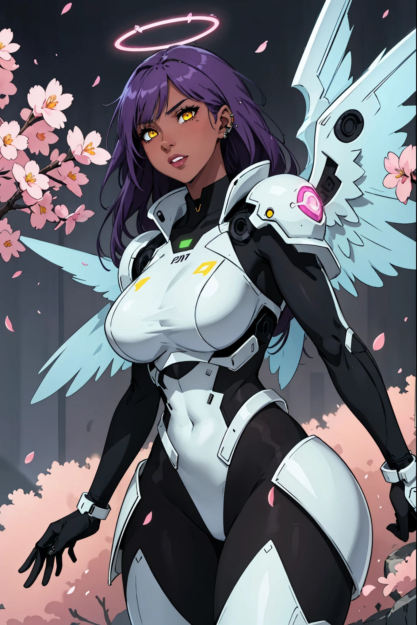 The most beautiful and sexy cyberpunk girl, purple hair, yellow eyes, dark skin, wearing highly detailed futuristic battle armor, futuristic mechanical angel wings, glowing neon halo, tons of tattoos and piercings, cherry blossoms blowing in the wind, highly detailed background, perfect masterpiece, high quality, high resolution