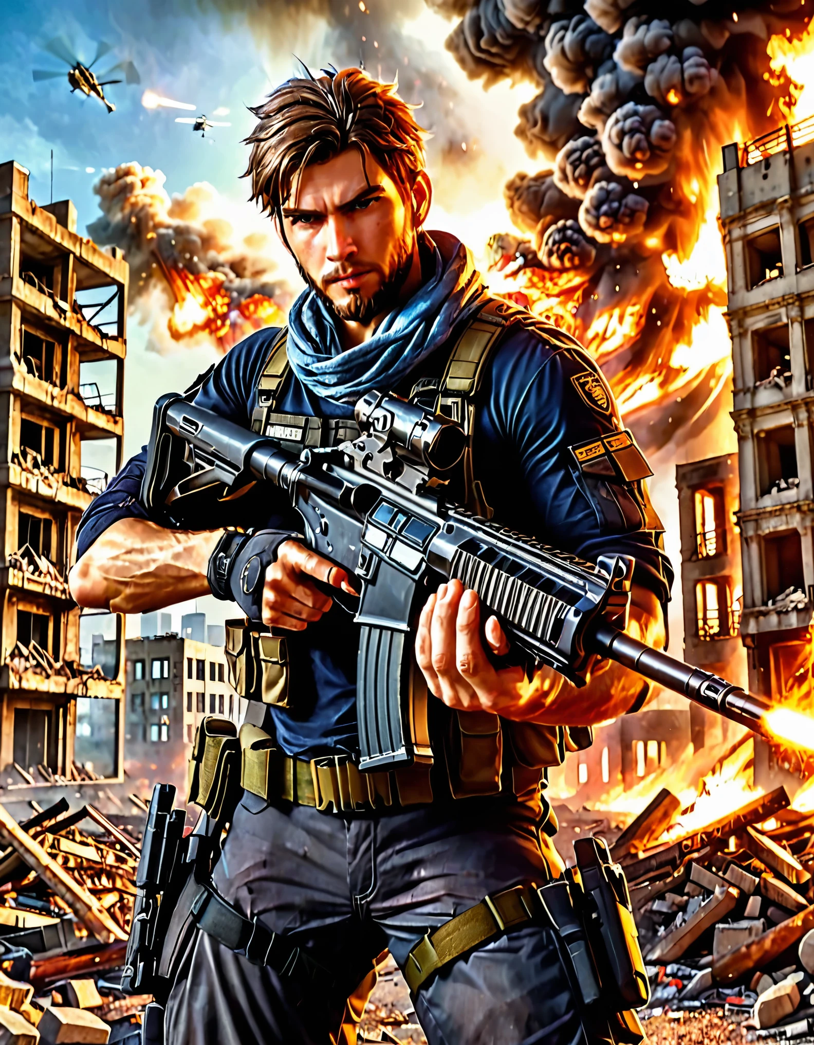 1boy, assault rifle, bandana, beard, brown hair, building, burning, city, cityscape, cloud, destruction, dusk, embers, explosion, facial hair, firing, gradient sky, gun, headband, helicopter, holding gun, holding weapon, holster, male focus, medium hair, military, muzzle flash, ruins, scope, shell casing, sky, skyscraper, solo. solo focus, trigger discipline, weapon