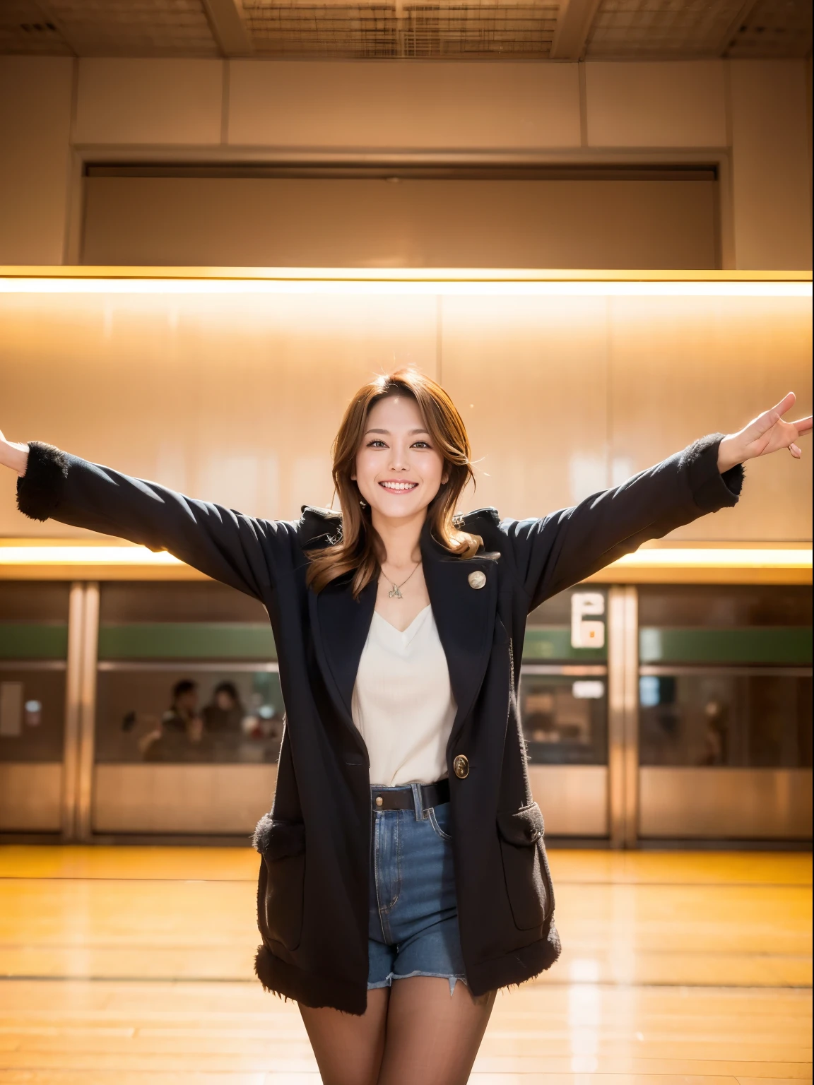 (RAW Photos:1.2), (Realistic:1.4),Beautiful detailed woman,非常にBeautiful Eyesと顔, Beautiful Eyes, Very detailed,High resolution, Very detailed,highest quality,Awareness-raising,Unified,8k wallpaper,masterpiece,highest quality,1 female,alone,rich,Whole Body Ezbian,(Standard body shape),Meaty legs,alone,(wearing hot pants:2.0),(She is wearing her spring coat open at the front.:1.6)、(Standing with arms outstretched horizontally:1.6)、(pantyhose:1.4)、(High heels:1.5)、jewelry, necklace ,short hair,A kind smile,A dignified atmosphere,black eye,Realistic,(Tokyo Station Marunouchi Exit:1.5)、 (Tokyo Station in the morning:1.2)