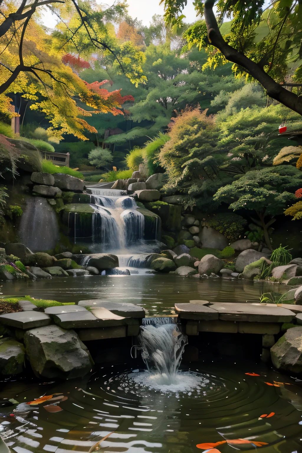 ((materpiece)), ((best quality)), ((high-res)), ((Ink wash)), ((artist)), ((extremly details)), a human made garden koi, autumn_leaves, birds chinese painting, leaf, maple_leaf, big koi habitat, no_humans, chainese habitat scenery, zulishisong_style_willow_tree, chainese style painting, bamboo, lilly pods, waterfall fountain, full view of the koi,