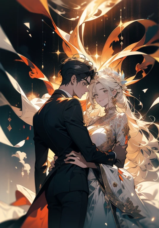 ((obras-primas)), melhor qualidade, outstanding illustration, um casal se beijando, foco suave, 1 menino com cabelo preto curto, olhos azuis, 1 garota com cabelos ruivos longos e ondulados, olhos amarelos dourados, Roupas vitorianas, Romantismo vitoriano, atmosfera opulenta e requintada, soft light and warm lighting.