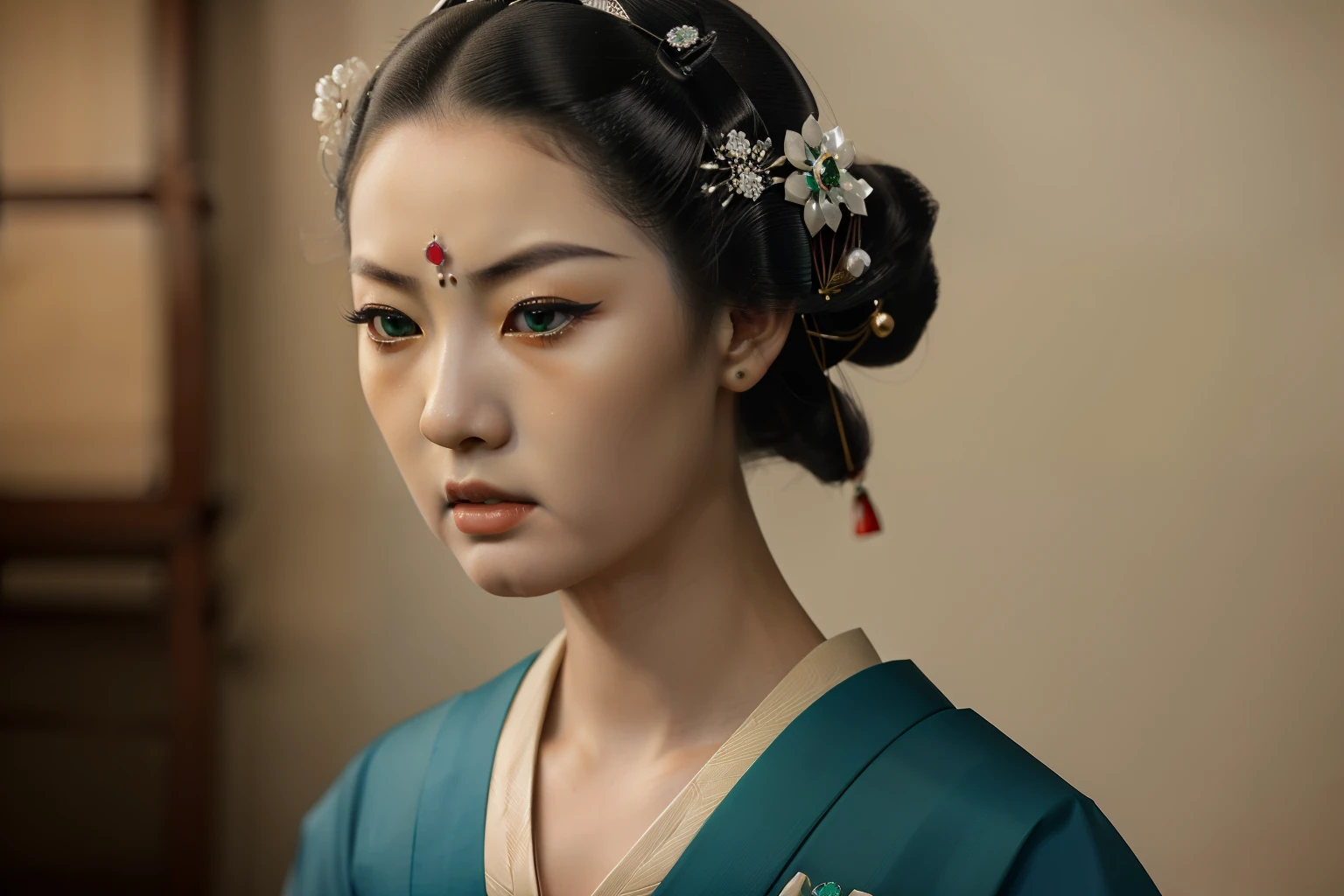 Kioto, 1939. A young ((((19-year-old)) Sayuri)), strikingly beautiful, delicate facial features, porcelain skin, expressive eyes, ((holding an emerald gemstone)), ((stunned and angry expression)), ((((geisha clothings from the 1930s)))), ((geisha hairstyle of the 1930s)), colorful