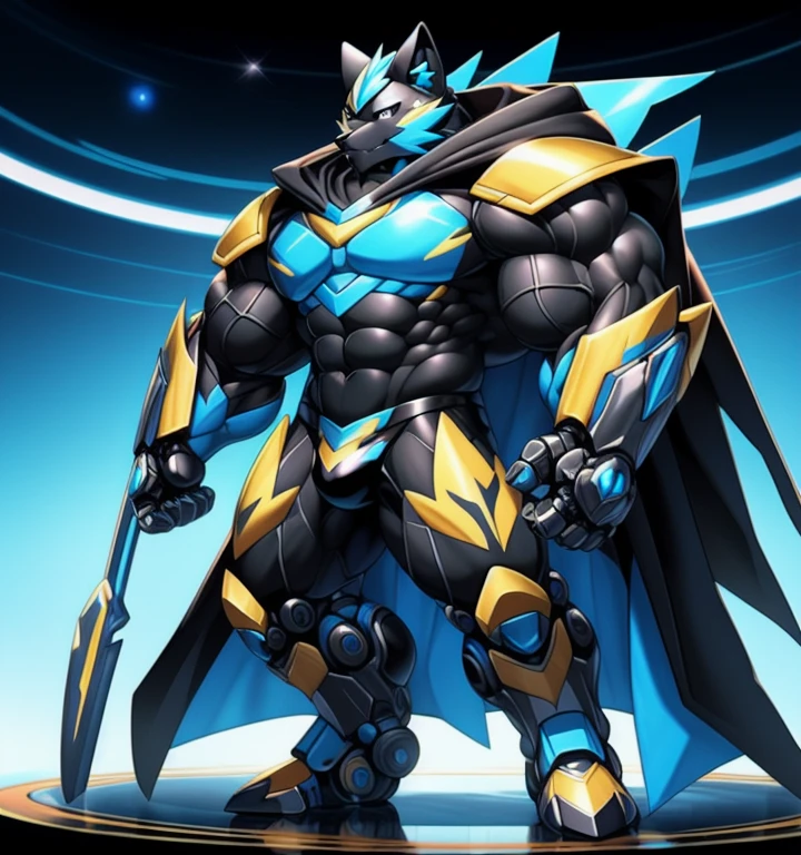 (masterpiece, best quality, detailed:1.2)
(Pokémon)
Powered exoskeleton with the same design as Zeraora
big muscle,
pecs, triceps, traps, waist narrow,
unusually developed muscular body,
bulge in the crotch, wears a small black string thong that reveals huge, muscular thighs. (metallic color: jet black thong)
body full of huge muscles. bulge in the crotch, wears a small black string thong that reveals huge, muscular thighs. (metallic color: jet black thong)
also have a cloak on my back.
The cloak is black.
Wearing full plate armor
Its full plate armor emphasizes the muscles.
The cloak is so long that it touches the ground,
showing off muscles,
mechs,
Correct limbs,
detailed full body,
Very muscular,
Large pecs,
Heavyweight,
Bodybuilder figure,
Wearing cyberpunk mecha,
big bump,
sparkling skin,
Vibrant colors, 4K,
realism,
galactic cybernetics mask,
full body, 
wearing a dark bodysuit underneath, 
a knight's mechanical armor,
glowing wide and heavy armor,
he wears a bizarre fantasy surreal-style chest armor with scales,
absolutely stunning art,
4K, realism, Don't stray too far from Zeraora's design, Furry Heroes, Main is yellow COLOR,
He wears the same armor as himself from head to foot. sparkling skin,
Vibrant colors, 4K, He's wearing sunglasses.