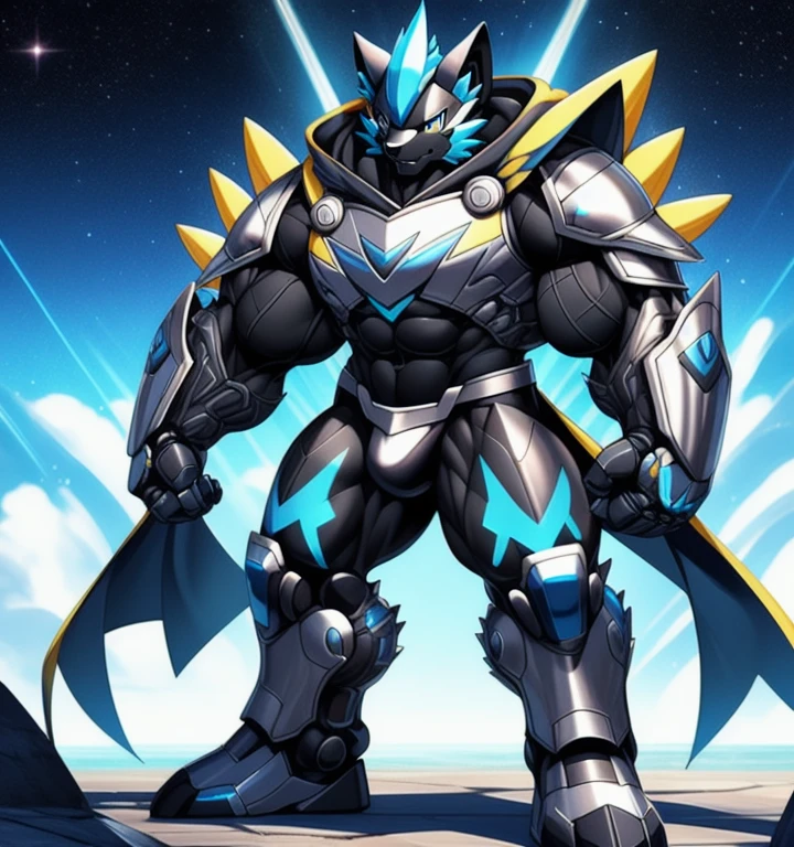 (masterpiece, best quality, detailed:1.2)
(Pokémon)
Powered exoskeleton with the same design as Zeraora
big muscle,
pecs, triceps, traps, waist narrow,
unusually developed muscular body,
bulge in the ??????, wears a small black string thong that reveals huge, muscular thighs. (metallic color: jet black thong)
body full of huge muscles. bulge in the ??????, wears a small black string thong that reveals huge, muscular thighs. (metallic color: jet black thong)
also have a cloak on my back.
The cloak is black.
Wearing full plate armor
Its full plate armor emphasizes the muscles.
The cloak is so long that it touches the ground,
showing off muscles,
mechs,
Correct limbs,
detailed full body,
Very muscular,
Large pecs,
Heavyweight,
Bodybuilder figure,
Wearing cyberpunk mecha,
big bump,
sparkling skin,
Vibrant colors, 4K,
realism,
galactic cybernetics mask,
full body,
wearing a dark bodysuit underneath,
a knight's mechanical armor,
glowing wide and heavy armor,
he wears a bizarre fantasy surreal-style chest armor with scales,
absolutely stunning art,
4K, realism, Don't stray too far from Zeraora's design, Furry Heroes, Main is yellow COLOR,
He wears the same armor as himself from head to foot. sparkling skin,
Vibrant colors, 4K, He's wearing sunglasses.