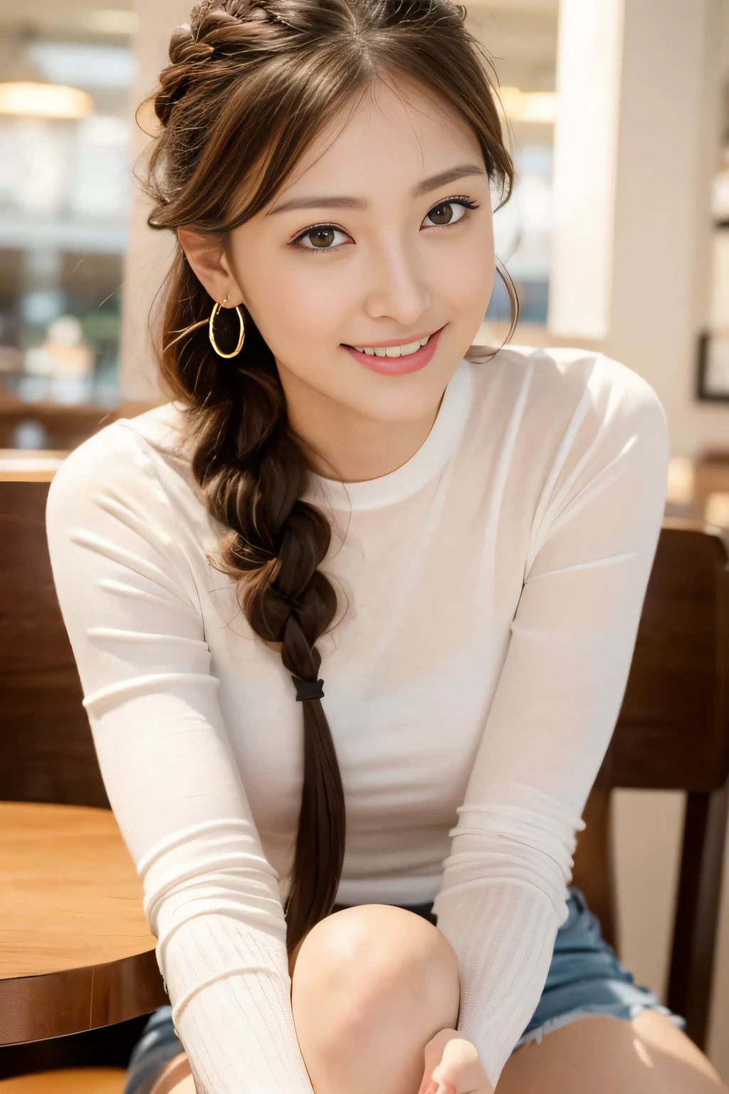 highest quality, Realistic, Super detailed, finely, High resolution, 8K Wallpaper, 1. Beautiful Women, Sharp focus, Perfect dynamic composition, Detailed and beautiful eyes, Detailed and realistic skin texture、Beautiful legs、I'm in a cafe、Chatting、happy expression、Braided Hair Styles、Open Leg、Wearing casual clothes、sit with legs stretched out