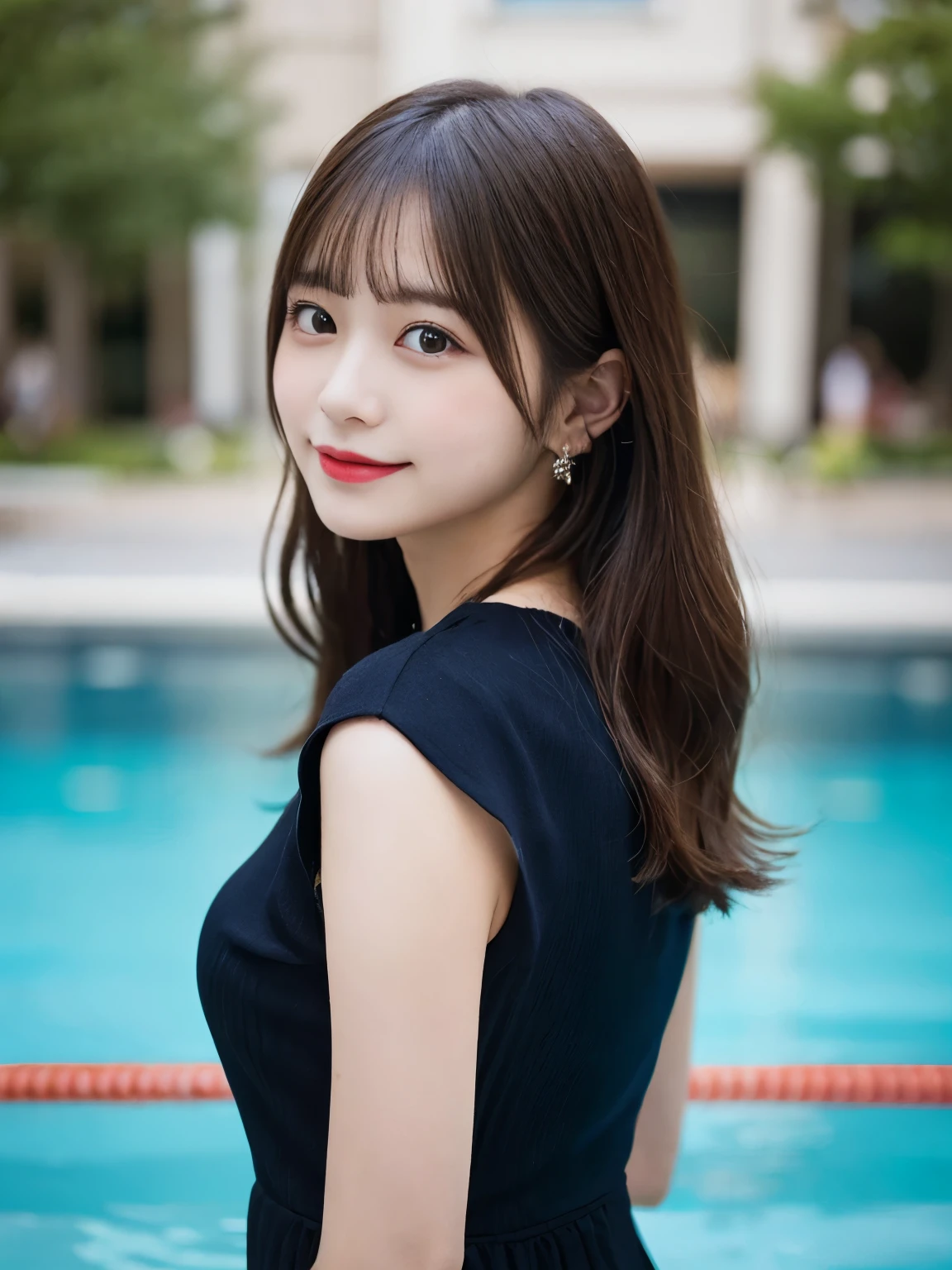 Pieces fly, highest quality, figure, Very detailed, The finer details, High resolution, 8K Dende Wallpaper, Perfect dynamic composition, Beautiful fine details, She is wearing a black and white dress,Medium Hair,Natural color lip, A shy smile,Harajuku Style、20-year-old girl、The only person, Bust up photo、Don'Don't tilt your head、Correct posture、Stretch your back、Never show your hands、Stand up straight、Cute type、looking at the camera、C cup breasts、Blonde、won'Don't touch you、Blurred night swimming pool background