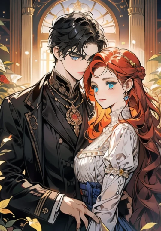 ((masterpieces)), best quality, exceptional illustration, a couple kissing, soft focus, 1 boy with short black hair, BLUE EYES, 1 girl with long wavy red hair, GOLDEN YELLOW EYES, Victorian clothing, Victorian romanticism, opulent and exquisite atmosphere, soft light and warm lighting.