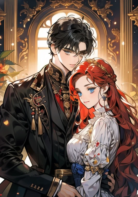 ((masterpieces)), best quality, exceptional illustration, a couple kissing, soft focus, 1 boy with short black hair, BLUE EYES, 1 girl with long wavy red hair, GOLDEN YELLOW EYES, Victorian clothing, Victorian romanticism, opulent and exquisite atmosphere, soft light and warm lighting.