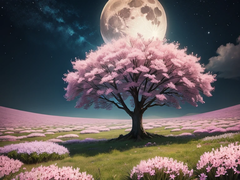 full moon、A field of pink moss phlox、Fantasy