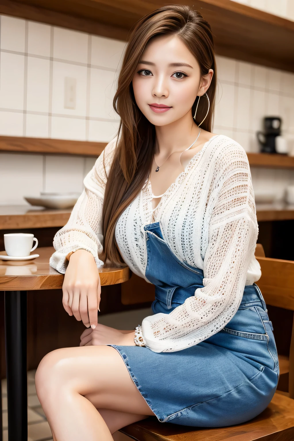 highest quality, Realistic, Super detailed, finely, High resolution, 8K Wallpaper, 1. Beautiful Women, Sharp focus, Perfect dynamic composition, Detailed and beautiful eyes, Detailed and realistic skin texture、Beautiful legs、I&#39;m in a cafe、Chatting、happy expression、Braided Hair Styles、Open Leg、Wearing casual clothes、sit with legs stretched out