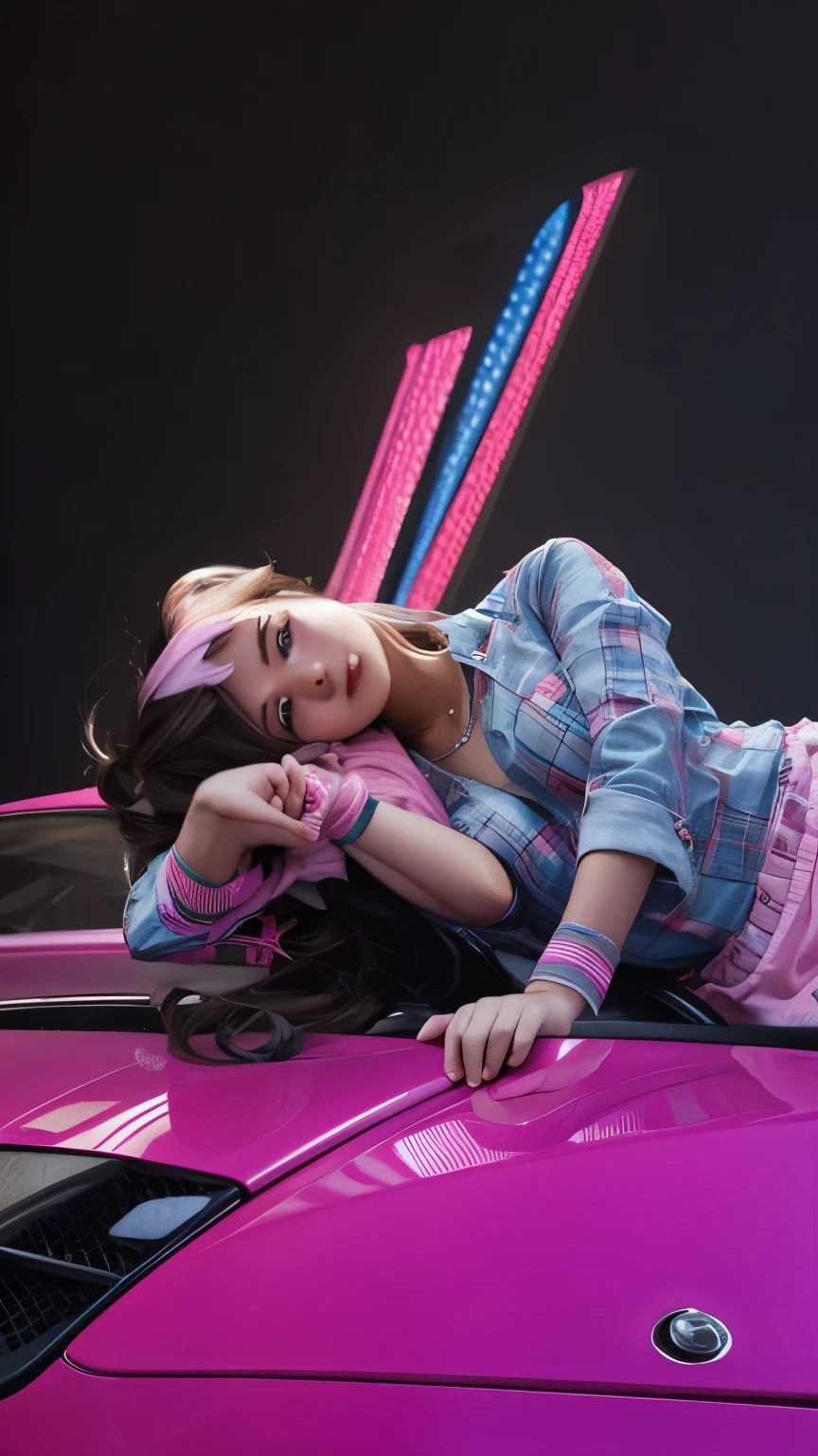 cute girl lying ont top of the car, pink cute girl, realistic