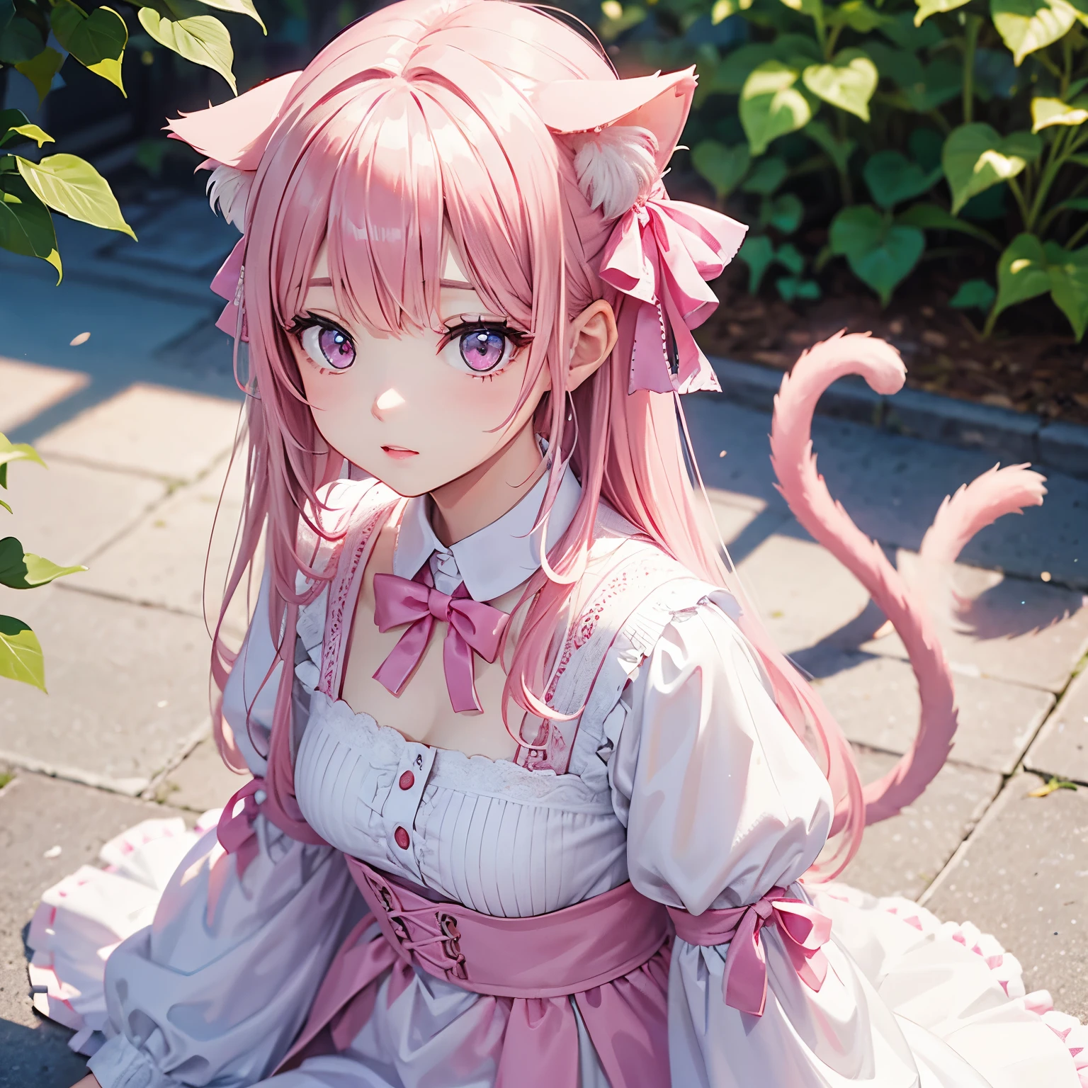 Cat with pink ribbon、Pink Hair、Pink eyes、White clothing、May