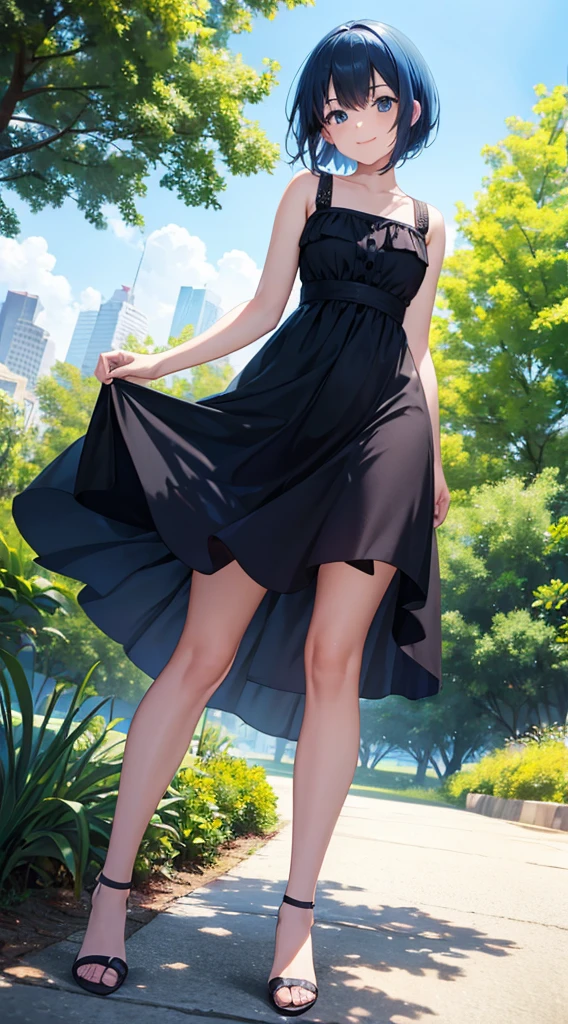 Girl short hair Blue hair Blue eyes Blue matching Smile confidently Correct limbs, black sundress, outdoor park background