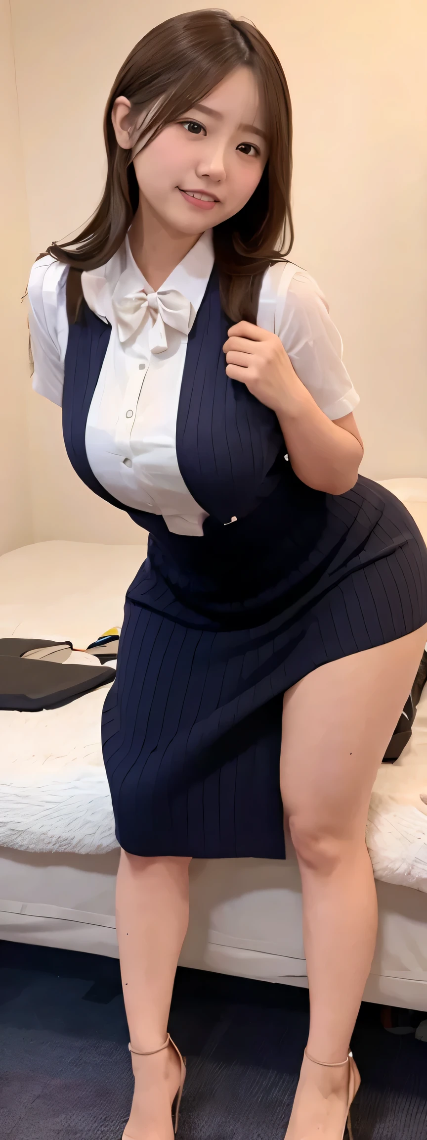 Japanese maid, Mature Woman, ((Chubby round face around 40)), Wavy black hair without bangs, Long Hair, Twin ponytail, Flashy makeup, Fuller lips, Sexy Gaze, uniform, ((dressing)), looking at the camera, Low angle shooting, cute duck mouth,((Very accurate and correct anatomy)),  (masterpiece:1.43), Perfect Proportions, Realistic photos, Full Shot, whole body, (height: 148cm), High heels,  ((Two legs are required,It should have two arms)),  ((Two legs are required, It should have two arms)) 