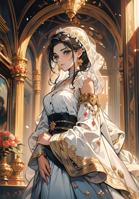 ((obras-primas)), melhor qualidade, outstanding illustration, um casal se beijando, foco suave, 1 menino com cabelo preto curto, olhos azuis, 1 garota com cabelos ruivos longos e ondulados, olhos amarelos dourados, Roupas vitorianas, Romantismo vitoriano, atmosfera opulenta e requintada, soft light and warm lighting.