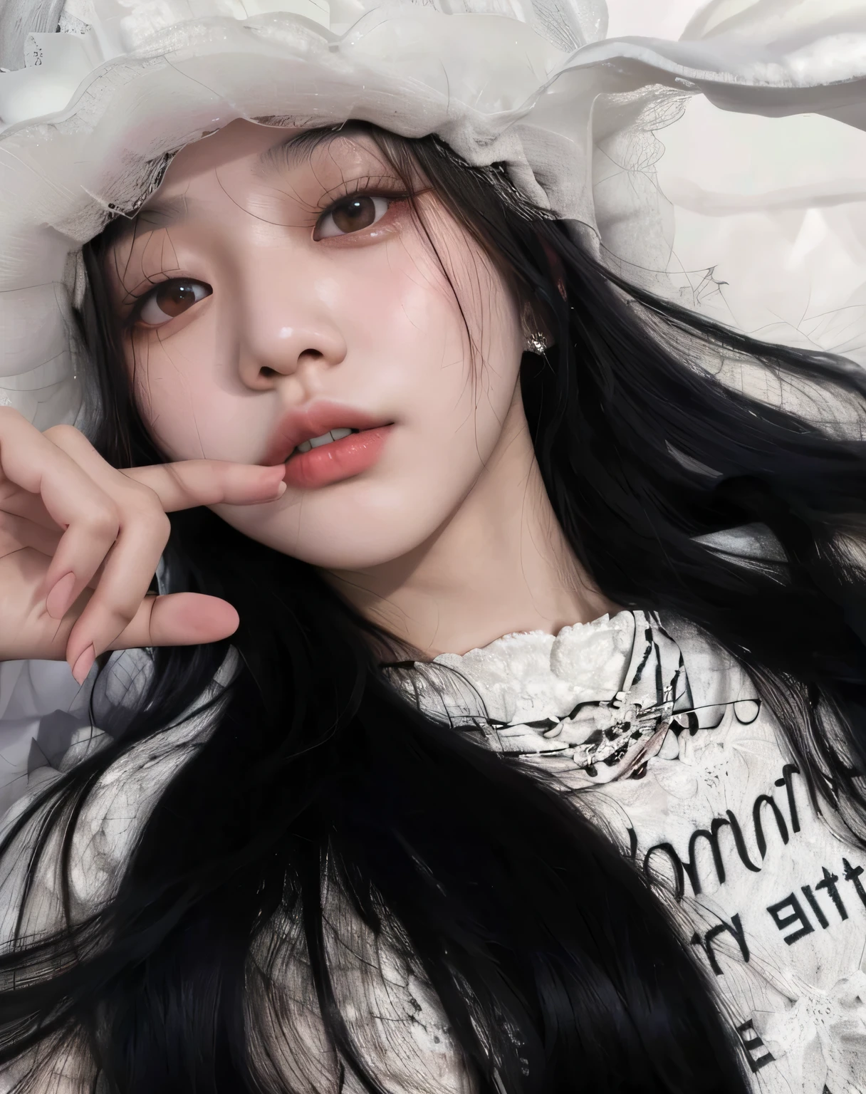 araffe girl with long black hair wearing a white hat, cruel korean goth girl, ulzzang, wan adorable korean face, korean girl, jinyoung shin, heonhwa choe, sun yunjoo, beautiful south korean woman, whitebangsblackhair, she has black hair with bangs, jaeyeon nam, kanliu666, taejune kim