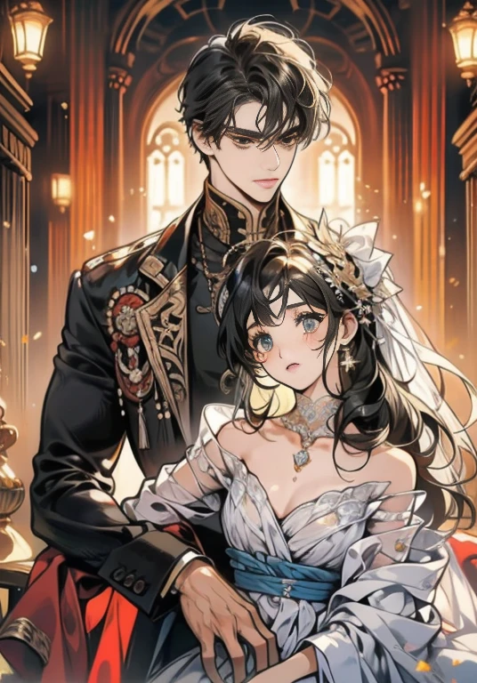 black-haired man and woman hugging each other,red eyed anime guy,Glowing red eyes, adorable anime poses, Blue-eyed anime girl,Glowing blue eyes,a couple,lovey-dovey, gyuru,Wedding,marriage,weddingdress
