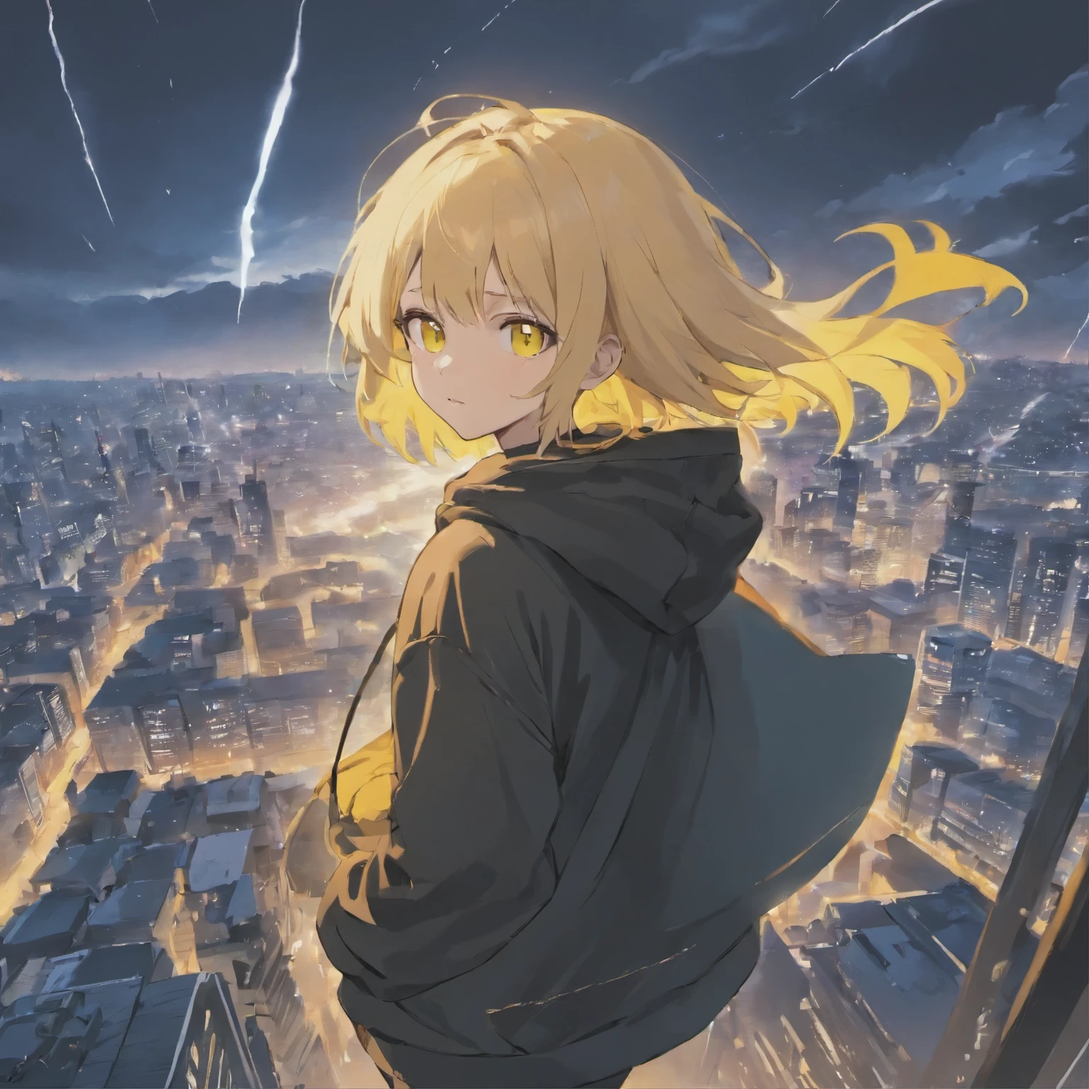 Girls in their 20s, Blonde Short Hair, Yellow Eyes, Wear long pants, Black hoodie, Use lightning magic, On top of a building
