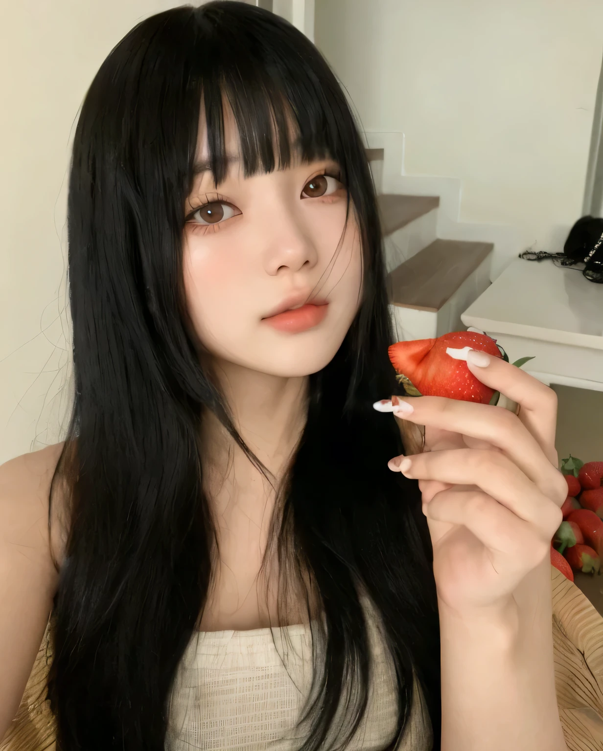araffe girl with long black hair holding a strawberry in her hand, ulzzang, she has black hair with bangs, lalisa manobal, korean girl, black hime cut hair, long black hair with bangs, sui ishida with black hair, gorgeous young korean woman, long hair with full bangs, the hime cut, long hair with bangs