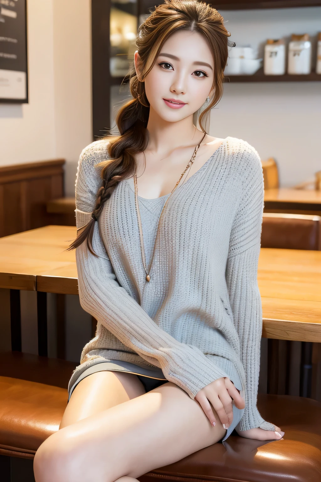 highest quality, Realistic, Super detailed, finely, High resolution, 8K Wallpaper, 1. Beautiful Women, Sharp focus, Perfect dynamic composition, Detailed and beautiful eyes, Detailed and realistic skin texture、Beautiful legs、I'm in a cafe、Chatting、happy expression、Braided Hair Styles、Open Leg、Wearing casual clothes、sit with legs stretched out