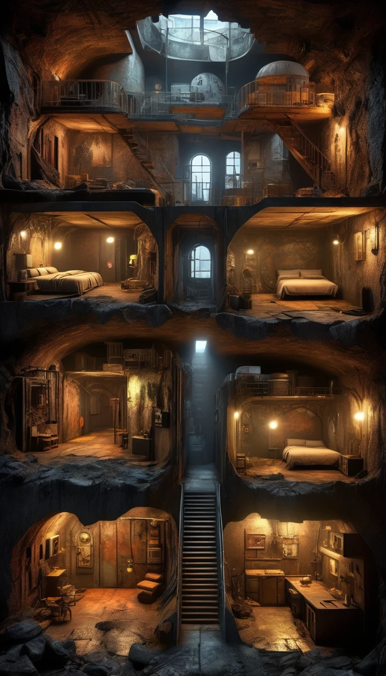 The underground luxury hotel castle profile of the doomsday wasteland, many doomsday residents, the interior is equipped with technological luxury hotel facilities, huge air vents, and channels linking various rooms. The appearance is shabby, rusty, spliced, and spliced. In addition, splashed graffiti and neon lights and other elements will often appear in the doomsday wasteland,,Apartment,Attic, Cellar, Underground, Makeshift,Hotel Room,Bedroom,Kitchen,Living Room,Passageway,Porch,Structure,Architecture,telephoto lens,A bird's-eye view,aerial view,Split Lighting,