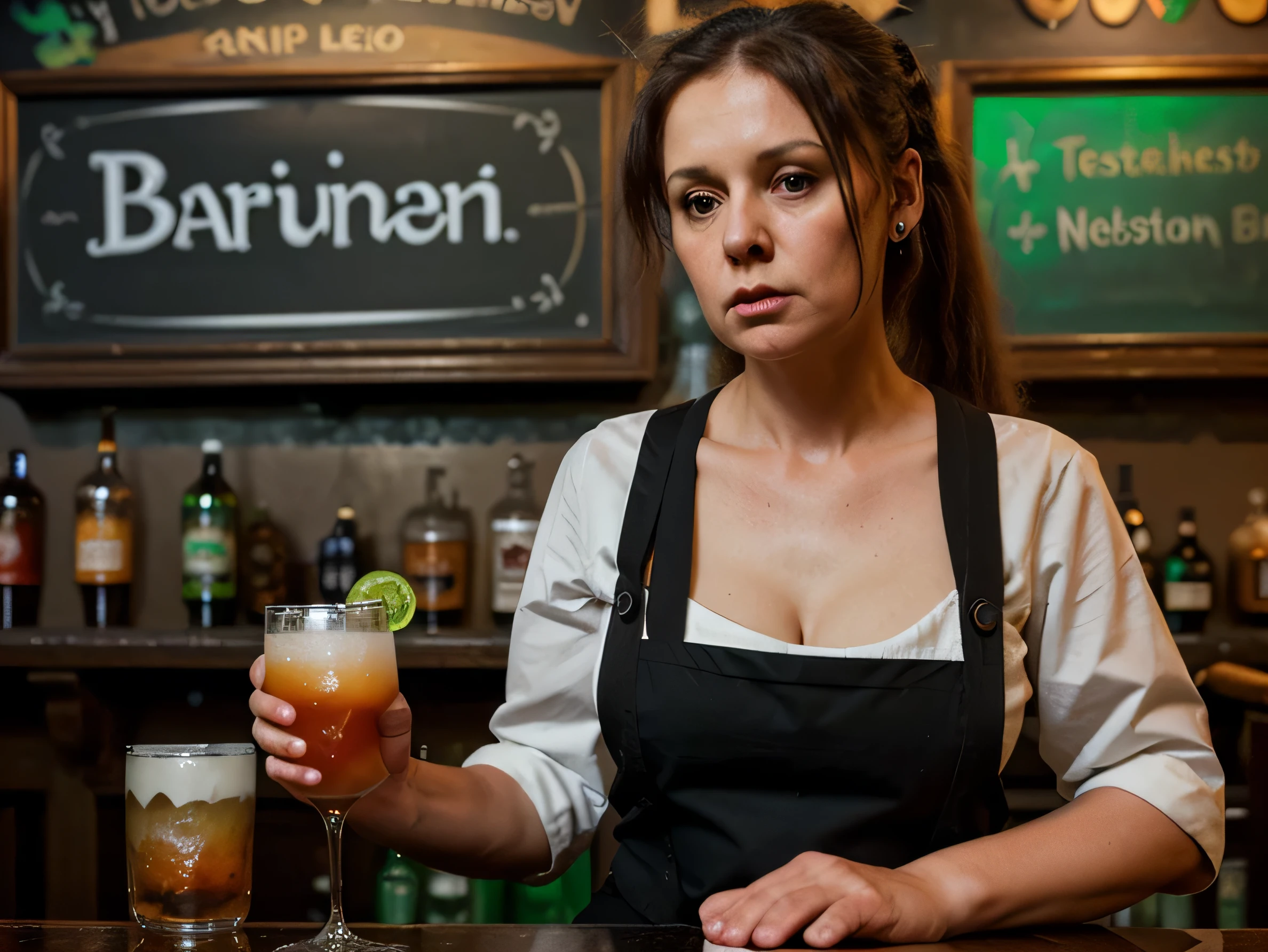 irish pub with bar maid standing behind the bar and holding a beer and wearing very low cut apron, bar maid is behind the bar
