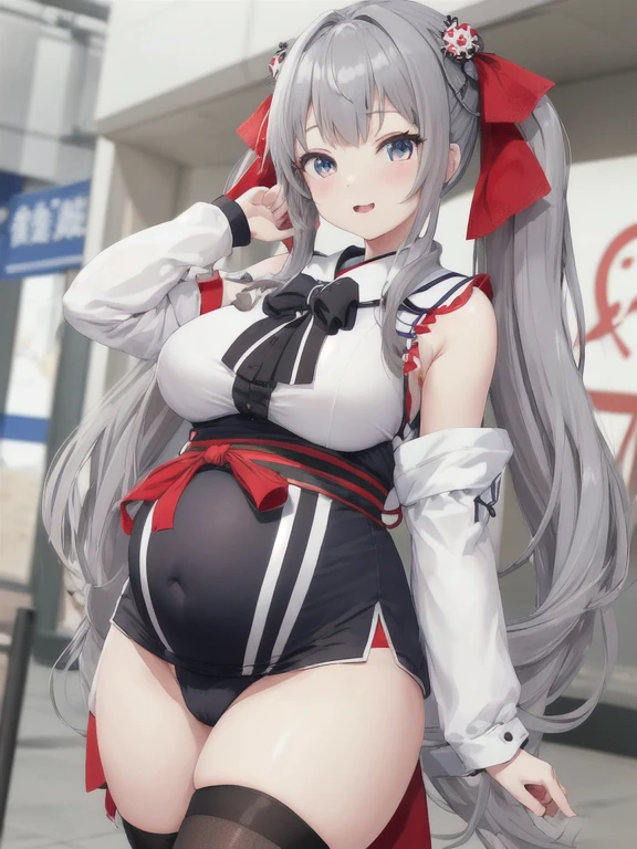Kaguya Tsukina、high resolution、Virtual YouTuber、A girl、, Red knee-length socks, Double tail, blue eyes, Hair accessories, sash, cleveage、sleeveless、hairpin、Gray hair、Black clothes、Red belt、Huge Breasts,Pregnant