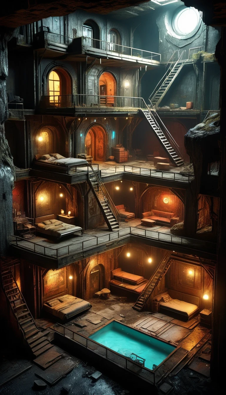 The underground luxury hotel castle section of the doomsday wasteland is shabby, rusty and spliced in appearance, and elements such as splash graffiti and neon lights will often appear in the doomsday wasteland. many doomsday residents,Apartment,Attic, Cellar, Underground, Makeshift,Top view,Split Lighting,