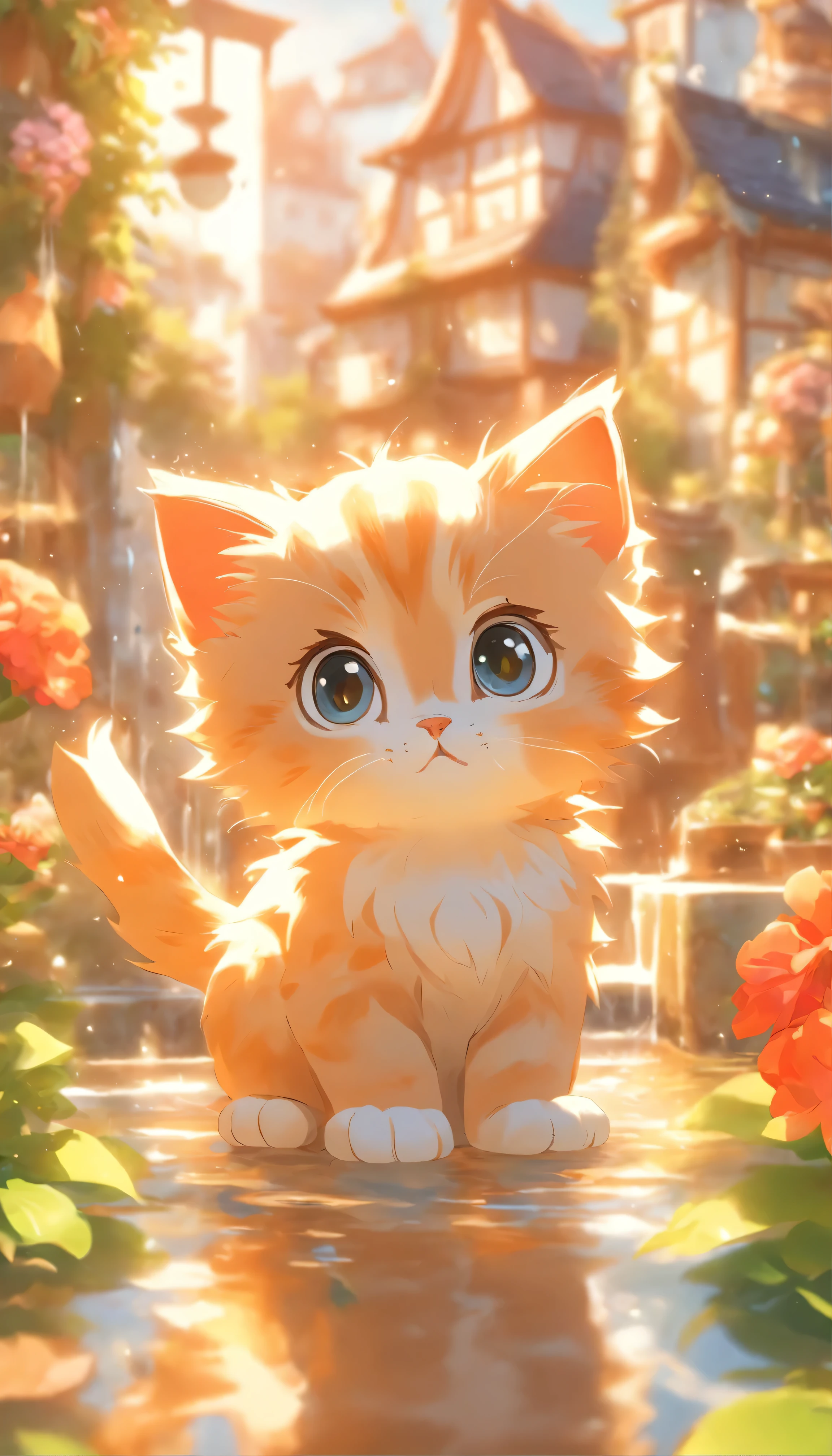 Un chaton mignon aux yeux ronds, Fontaine de jardin, , Maisons lointaines, effet miroir