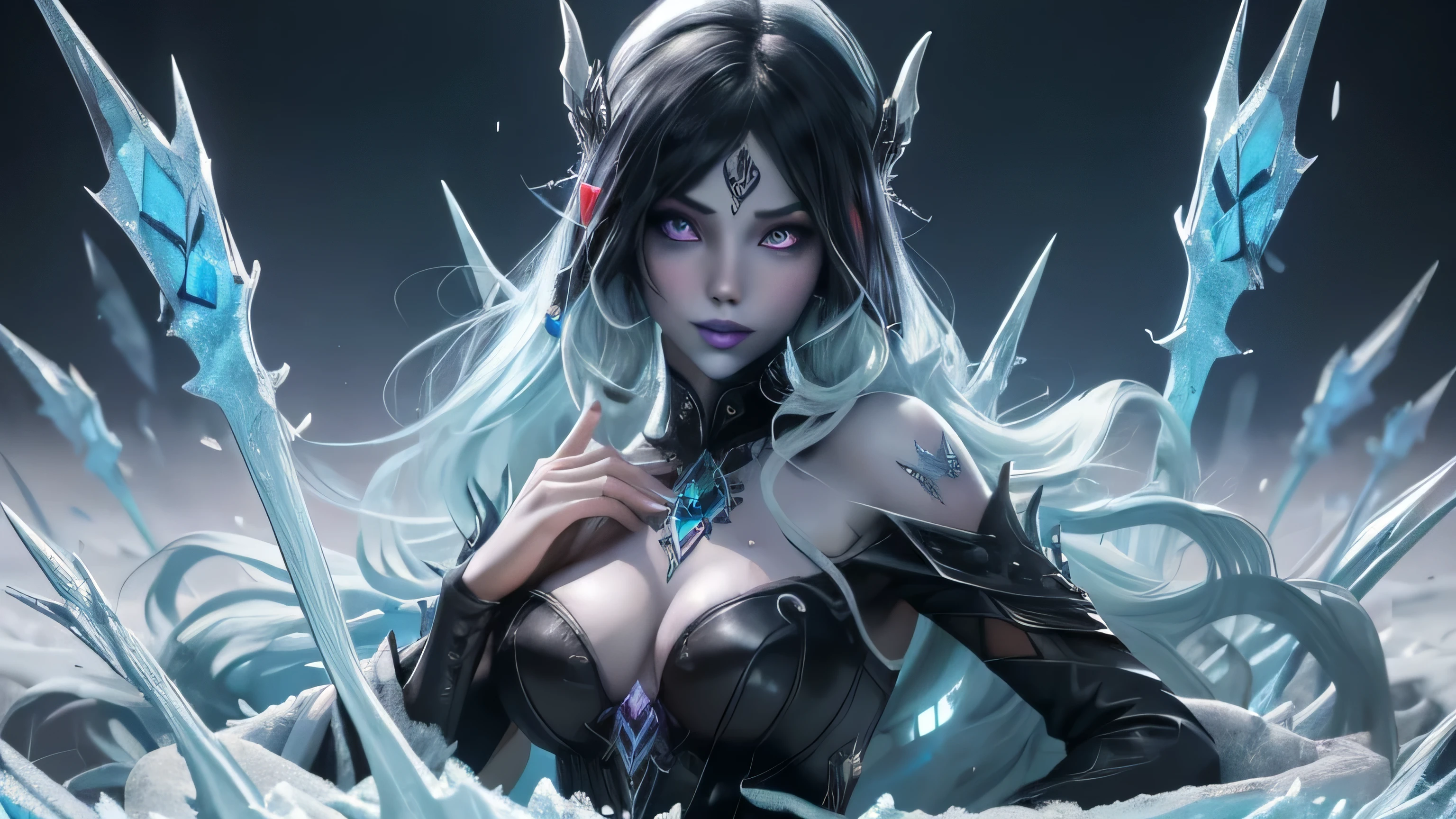 There is a full size figure of a beautiful zombie women with cute face black hair silver white eyes dark blue eye shadows and frost blue lips dressed in purple Gothic dress with glass ice claws on her fingers, women walk thru the swamp emanates grave chilling frost aura ground froze where she steps , high quality beautiful face, detailed anime art, detailed anime wallpaper , high quality illustration. 8k top quality details