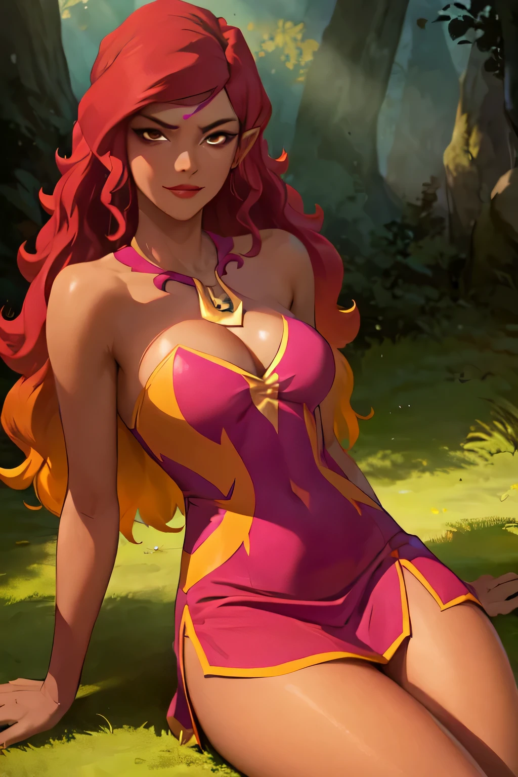 (AzariFiredancer), (dark skin, red hair, brown eyes), red to orange gradient hair, (realistic:1.2), (masterpiece:1.2), sexy, athletic body, sitting in grass, medium breasts cleavage, neon lighting, dark romantic lighting, (highly detailed:1.2),(detailed face:1.2), (gradients), colorful, detailed eyes, smirking, (detailed landscape:1.2), (natural lighting:1.2), solo, 1girl, short skirt, slit skirt, hip