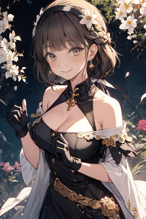 yor briar, anime style beutiful woman, 1girl, happy, smile, red face, closed mouth, beautiful detailed eyes, super detailed skin, backlighting, bare shoulders, black background, black dress, black gloves, black hair, breasts, dress, earrings, fingerless gloves, floating hair, floral print, flower, gloves, gold earrings, gold hairband, hair flower, hair ornament, hairband, holding, holding weapon, jewelry, large breasts, long hair, looking at viewer, off-shoulder dress, off shoulder,red eyes, short hair with long locks, sidelocks, solo, spikes, thighs, two-sided dress, two-sided fabric, weapon, fighting stance , face, close up, from above, highest quality, high resolution.
