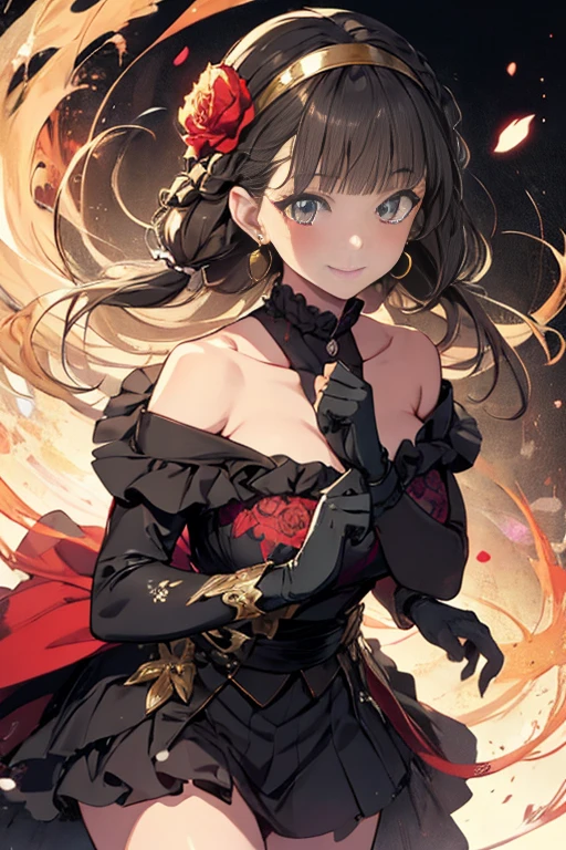 yor briar, anime style beutiful woman, 1girl, happy, smile, red face, closed mouth, beautiful detailed eyes, super detailed skin, backlighting, bare shoulders, black background, black dress, black gloves, black hair, breasts, dress, earrings, fingerless gloves, floating hair, floral print, flower, gloves, gold earrings, gold hairband, hair flower, hair ornament, hairband, holding, holding weapon, jewelry, large breasts, long hair, looking at viewer, off-shoulder dress, off shoulder,red eyes, short hair with long locks, sidelocks, solo, spikes, thighs, two-sided dress, two-sided fabric, weapon, fighting stance , face, close up, from above, highest quality, high resolution.
