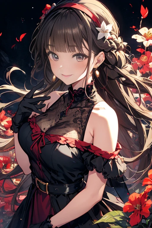 yor briar, anime style beutiful woman, 1girl, happy, smile, red face, closed mouth, beautiful detailed eyes, super detailed skin, backlighting, bare shoulders, black background, black dress, black gloves, black hair, breasts, dress, earrings, fingerless gloves, floating hair, floral print, flower, gloves, gold earrings, gold hairband, hair flower, hair ornament, hairband, holding, holding weapon, jewelry, large breasts, long hair, looking at viewer, off-shoulder dress, off shoulder,red eyes, short hair with long locks, sidelocks, solo, spikes, thighs, two-sided dress, two-sided fabric, weapon, fighting stance , face, close up, from above, highest quality, high resolution.
