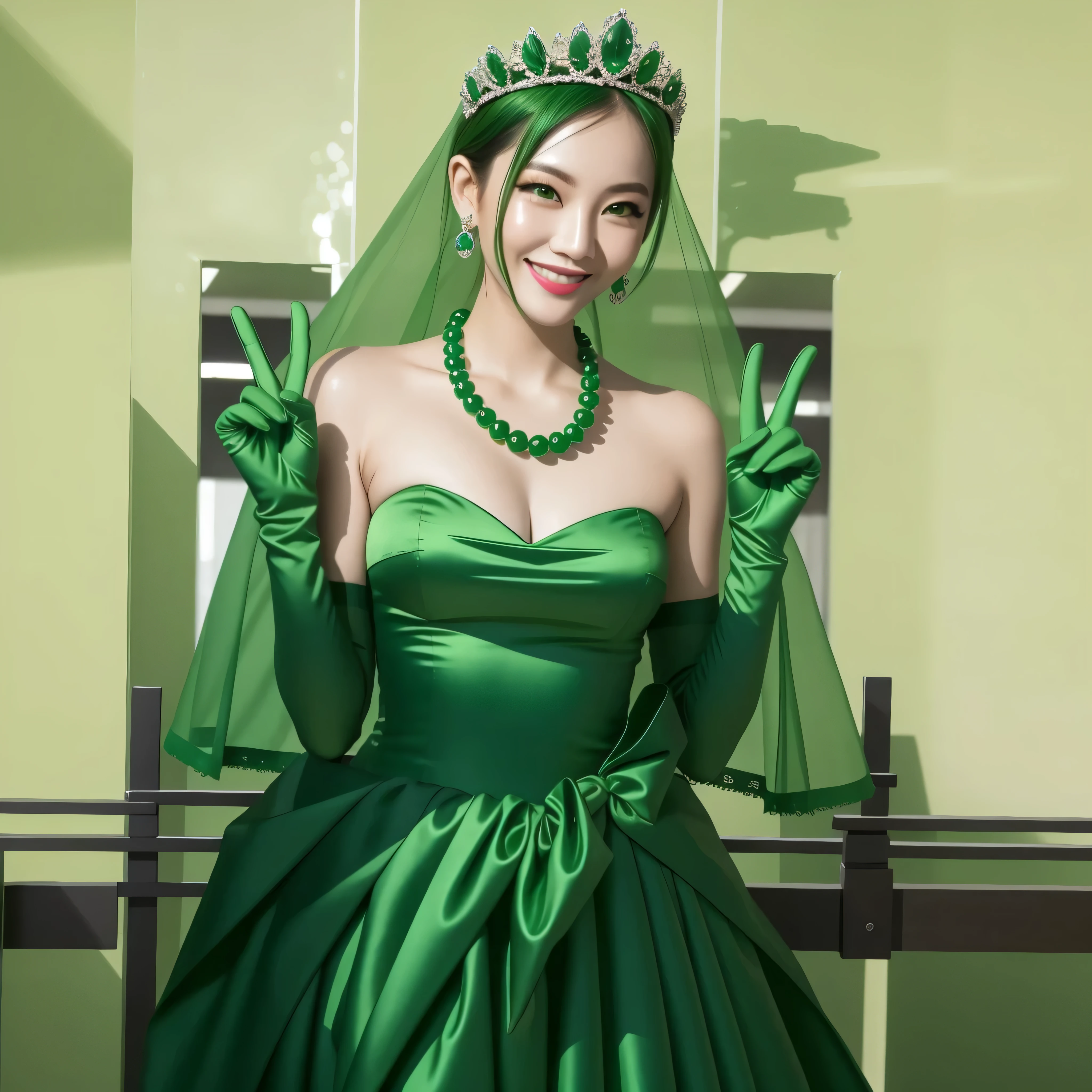 Emerald tiara, Green Pearl Necklace, Boyish Very Short Green Hair, Green Lips, Smiling Japanese woman, Very short hair, Busty beautiful lady, Green Eyes, Green satin long gloves, Green Eyes, emerald earrings, Green veil, Heart with both hands, Green Hair, Beautiful Japanese Woman, v sign, green lip gloss