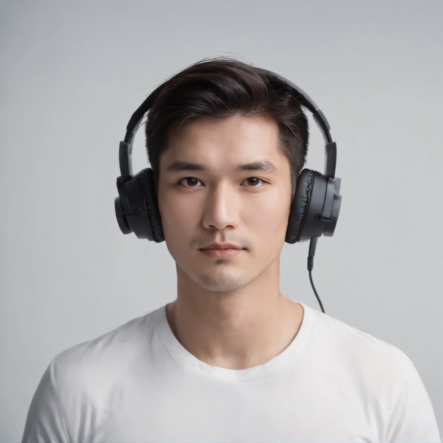 Man working in the studio wearing headphones Chinese man, High-definition details, long hair, white t-shirt,Nervous and focused expression, sharp eyes, Dark lighting, soft background, deep black background, Layered feeling stands out, realistic, Handsome bright image