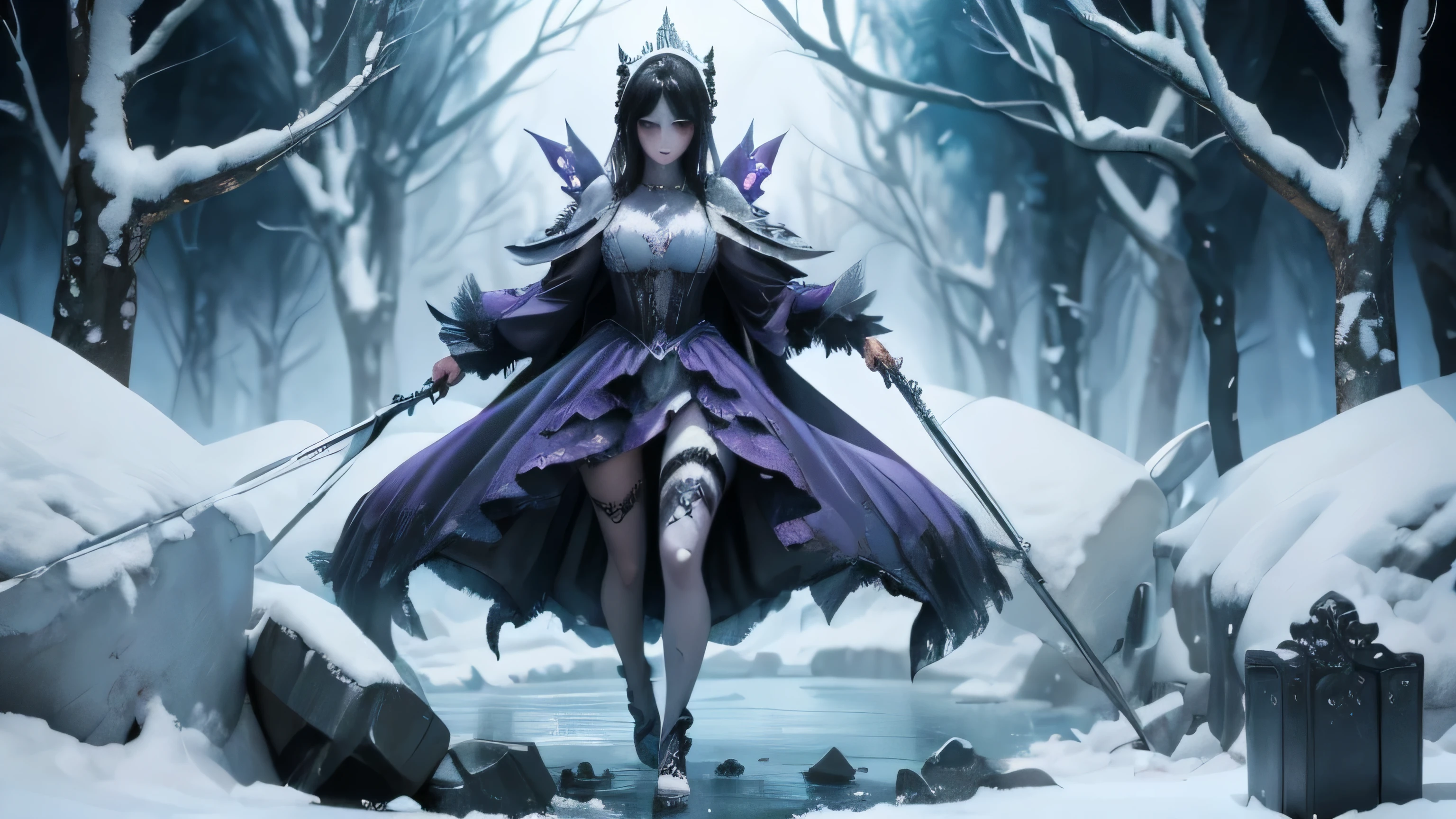 There is a full size figure of a beautiful zombie women with cute face black hair silver white eyes dark blue eye shadows and frost blue lips dressed in purple Gothic dress with glass ice claws on her fingers, women walk thru the swamp emanates grave chilling frost aura ground froze where she steps , high quality beautiful face, detailed anime art, detailed anime wallpaper , high quality illustration. 8k top quality details