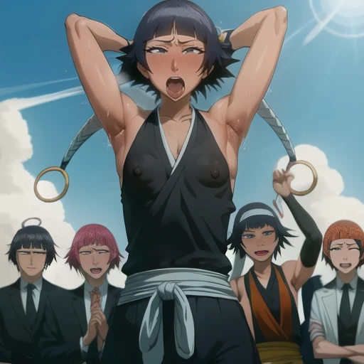 (Super delicate skin),(Ahegao), (flat chest:1.4), (The nipples can be seen through the clothes),(muscular:1.35),flirtatious, 1 female, solitary, Black flowing hair, eternal, Japanese clothing, No underwear,Small Breasts, No eyeballs, For the audience, Looking at the audience, tired, From below, (Exposed armpit:1.1), ((armpit:1.2)), Sexy pose, （sweat）,（More and more sweat）,(Ahegao), (Roll your eyes), Naughty face, blush, open mouth, Sticking out tongue, saliva, Slobber，Runny nose，Sloppy person,Skinny