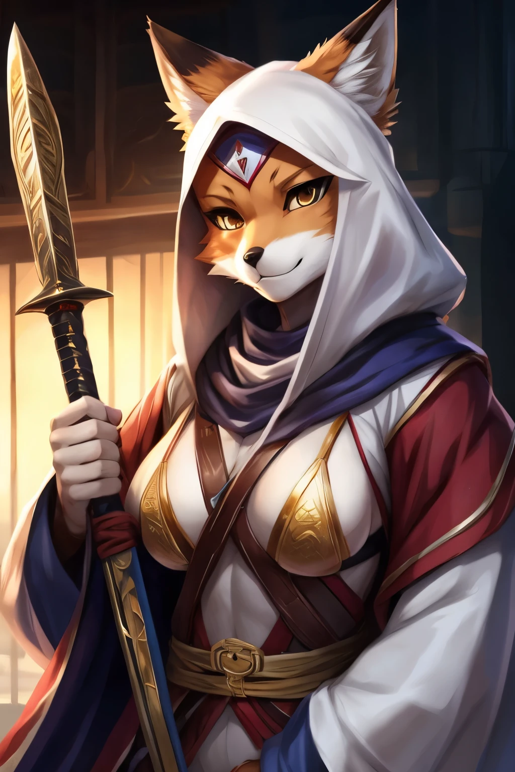 a close up of a person holding a sword and a cat, concept art by senior character artist, pixiv, furry art, werefox nobushi, female anthropomorphic werefox, white - haired fox, fox nobushi holding a naginata, white fox anime, anthro art, cushart krenz key art feminine, gold bikini, sfw version