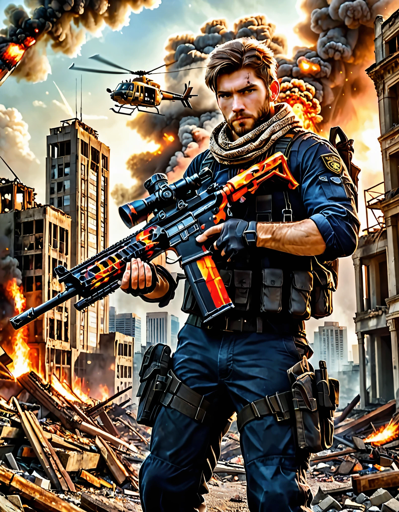 1boy, assault rifle, bandana, beard, brown hair, building, burning, city, cityscape, cloud, destruction, dusk, embers, explosion, facial hair, firing, gradient sky, gun, headband, helicopter, holding gun, holding weapon, holster, male focus, medium hair, military, muzzle flash, ruins, scope, shell casing, sky, skyscraper, solo. solo focus, trigger discipline, weapon