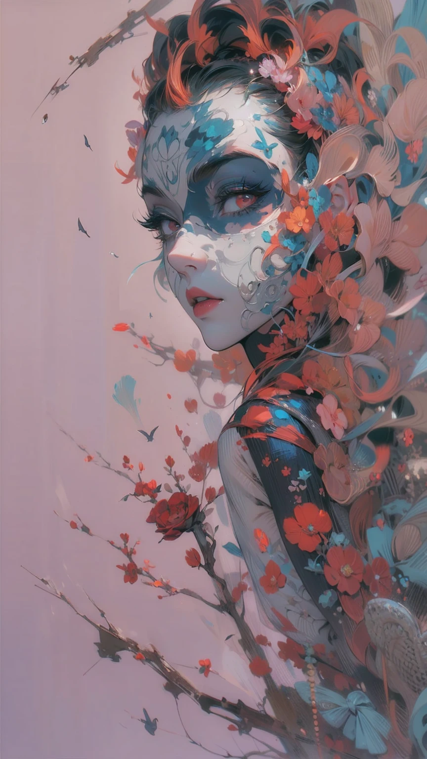 (masterpiece, High resolution, highest quality), 20-year-old woman, short hair, Skull Face Mask, Avant-garde makeup, Fashion pose, Off the shoulder, Black bodysuit, devilish hands, High heels, Black Shadow, Vermilion and blue undulations, Disorganized, abstract design, artistic juxtapositions, High contrast, mixed-media approach, Anime Style, Simple lines, Digital Painting,