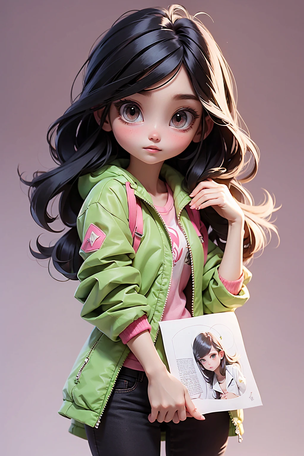 (masterpiece, best quality), 1 girl, Black shoulder-length hair,Straight hair,Hair length to shoulders,Ankle-length black down jacket,Holding pink A4 paper in right hand, only,Standing, Looking at the camera casually,front,White background