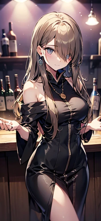 High resolution、off shoulder、real skin、big earrings、necklace、cowboy shot、off shoulder、((Very close to the audience))、((Viewers are welcomed with open arms.))、Waiting for a hug、shy、embarrassing、slender body、very small breasts、delicate body、At a bar with a nice atmosphere、Tier Grants、((One eye is covered by hair))、sharp eyes