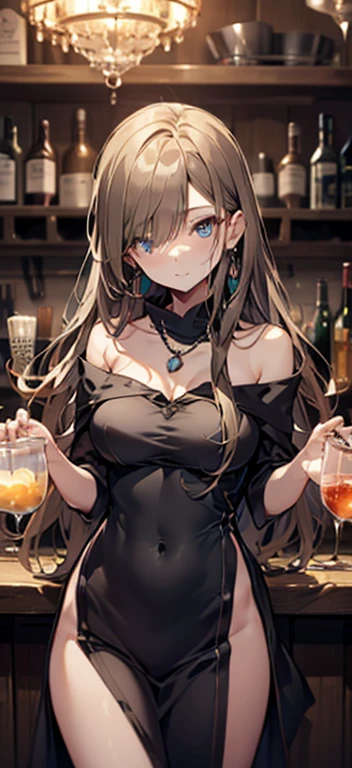 High resolution、off shoulder、real skin、big earrings、necklace、cowboy shot、off shoulder、((Very close to the audience))、((Viewers are welcomed with open arms.))、Waiting for a hug、shy、embarrassing、slender body、very small breasts、delicate body、At a bar with a nice atmosphere、Tier Grants、((One eye is covered by hair))、sharp eyes