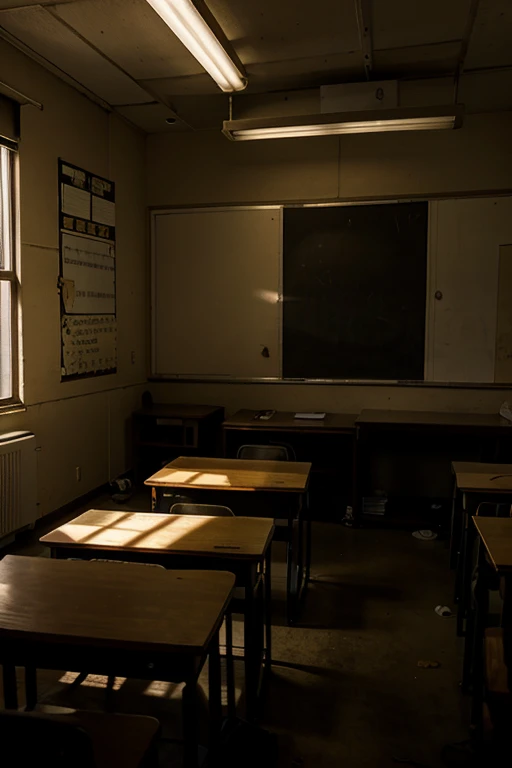 Dimly lit, abandoned classroom